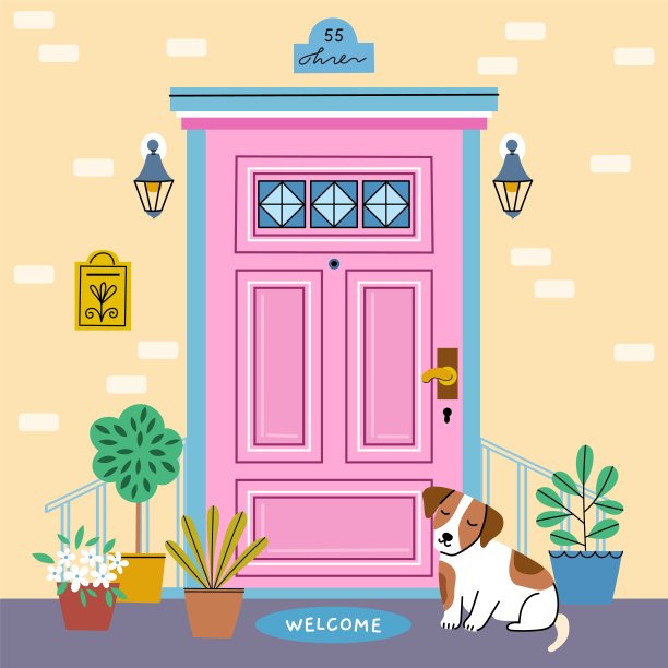 可爱的房子外观。不同元素的前门，欢迎回家，优雅的外部门槛，外部入口，矢量背景图片下载