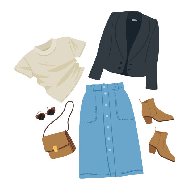 卡通女性服装。休闲服装，夹克，裙子，t恤，鞋子和包包，时尚服装在白色背景上看平面矢量插图图片下载
