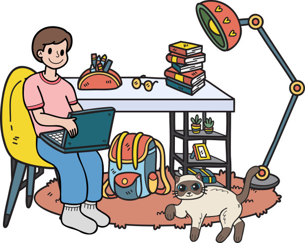 手绘业主工作在笔记本电脑与猫在办公室插图涂鸦风格图片下载