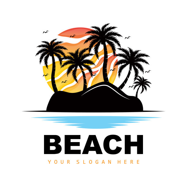椰子树和海滩标志，海洋自然景观设计，海滩图标植物矢量图片下载