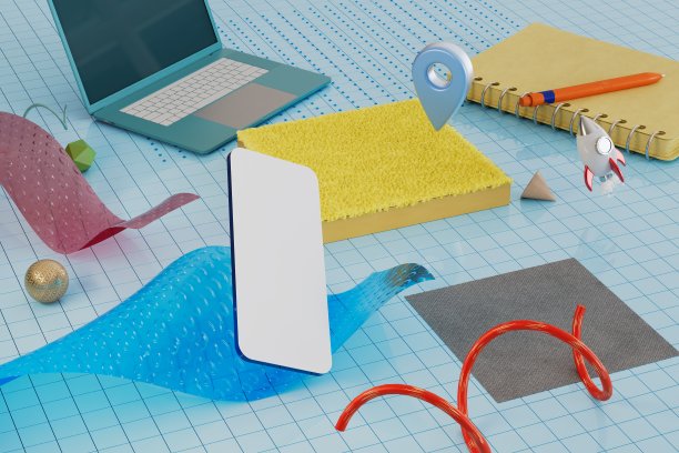 在家上学的概念。笔记本电脑，智能手机，记事本，桌上的铅笔。三维渲染图片下载