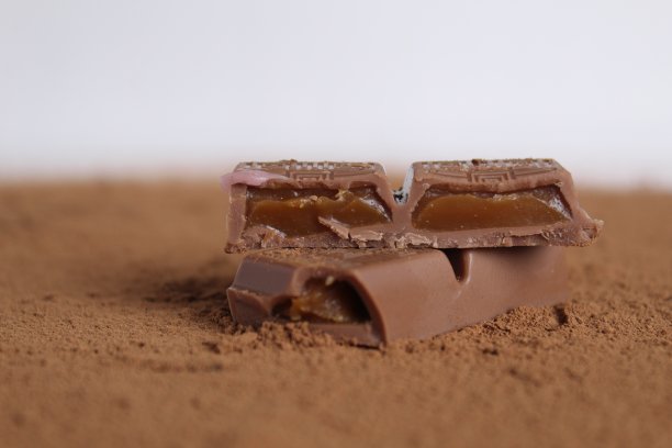 巧克力塞满了咸味焦糖放在可可上，白色的背景上有文字和抄写的空间，封面是巧克力日图片下载