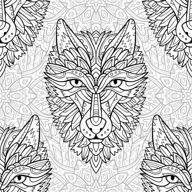 黑白无缝花纹与狼头和曼荼罗。装饰面料设计。图片下载