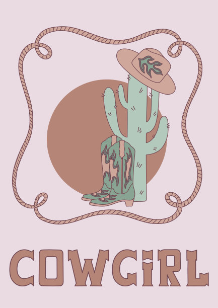 复古牛仔靴，帽子，仙人掌，绳子和文字。图片下载