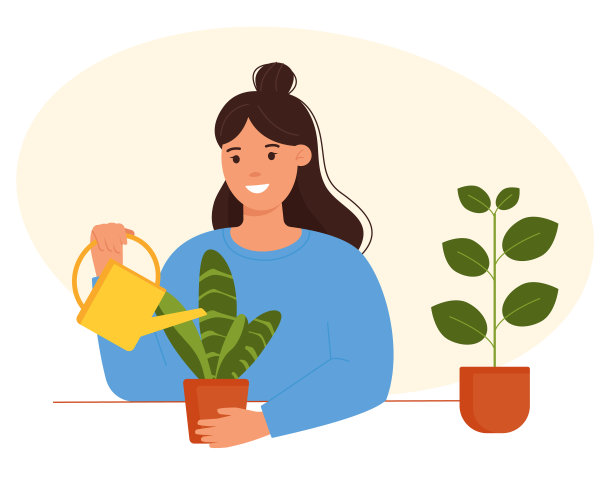 女人照料室内植物，这是园丁的爱好。从事园艺工作。带花的园丁。矢量图图片下载