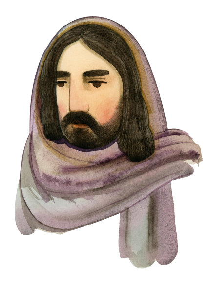 耶稣基督肖像手绘水彩画耶稣基督的脸，一个孤立的男性肖像在白色背景上，一个使徒图片下载