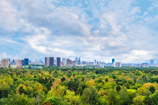 莫斯科的天际线和秋天的公园。图片下载
