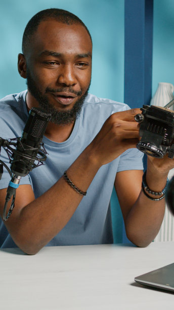 社交媒体视频博主审查三脚架头部的相机装备图片下载