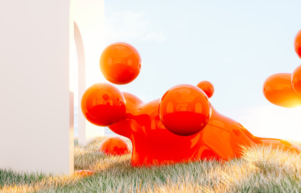 春夏景观场景用彩色三维几何液体形式安装。图片下载