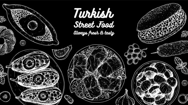 土耳其食物俯视图矢量插图。食品菜单设计模板。手绘草图。土耳其菜菜单。复古风格。伊玛目Bayildi, Pide, Dolma, Kokorec，烤栗子，Simit，烤肉串。图片下载