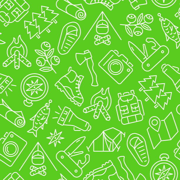 露营线无缝花纹。旅游矢量纹理包括指南针、背包、浆果、森林、鱼、相机、小折刀、帐篷、靴子。图片下载