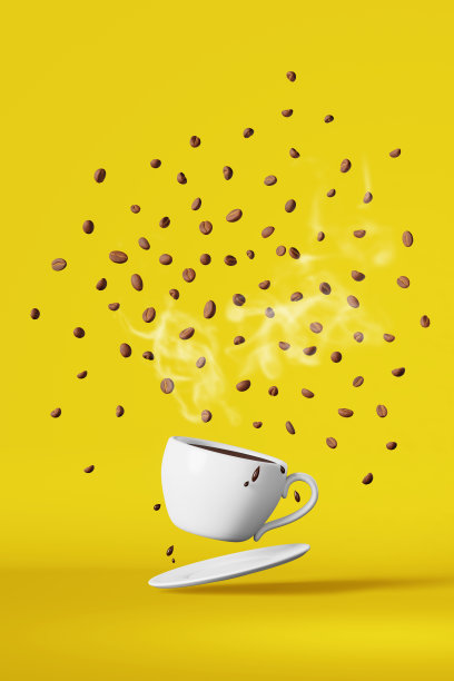 漂浮的瓷质咖啡杯飞豆爆炸3D渲染。热鲜煮意式咖啡饮料广告模板。图片下载