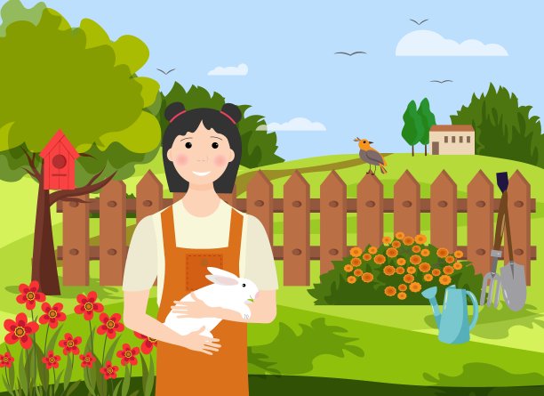 活泼的小女孩和一只兔子在花园里。夏日田园风光，有花草树木和房子。图片下载