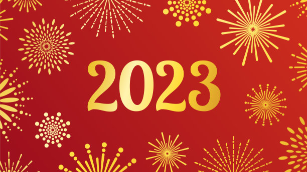 印有2023年日期的红色新年横幅和周围的烟花图片下载
