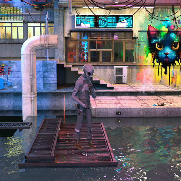 一个穿着军装的灰色外星人在一条荒凉的巷子里若有所思地看着水，上面有涂鸦。图片下载