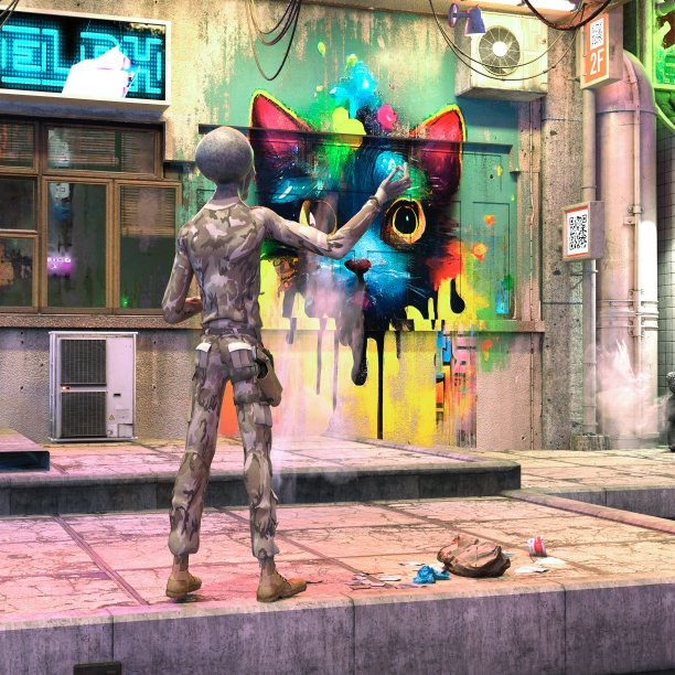 一个穿着军装的灰色外星人在一个废弃的地下走道上看着涂鸦。图片下载