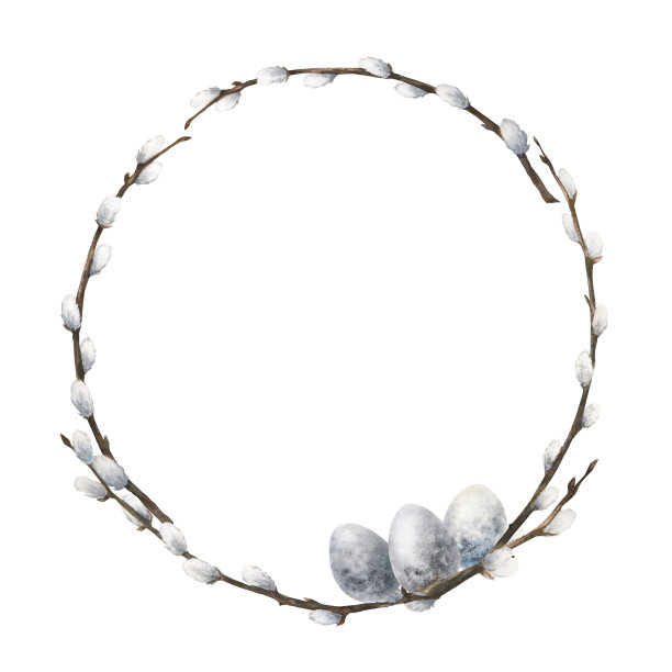 水彩画的花环与复活节彩蛋和猫柳孤立图片下载