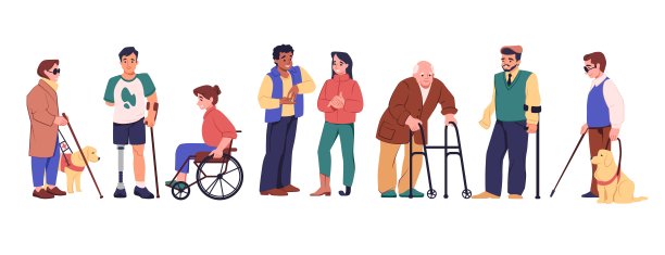 残疾人，残疾男女，各种各样的人。快乐的一群年轻盲人拄着拐杖，女孩坐着轮椅，失聪的朋友。矢量卡通平面孤立海报背景图片下载