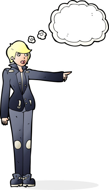 卡通女人在皮夹克指向与思想泡泡图片下载