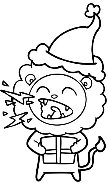 手绘线条的咆哮狮子与礼物戴着圣诞老人的帽子图片下载