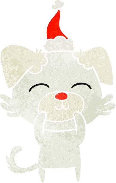 手绘的复古卡通狗戴着圣诞老人的帽子图片下载