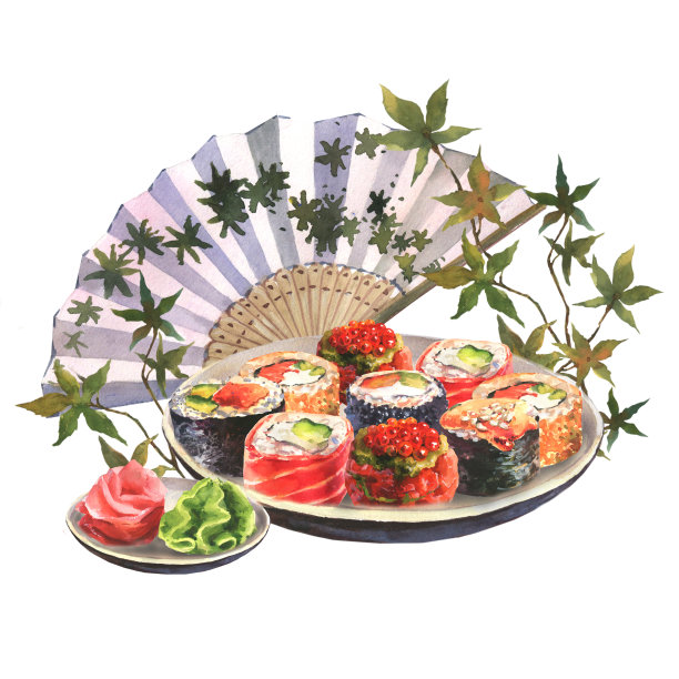水彩画的一套寿司在盘子上，姜，芥末，酱油，筷子和日本扇孤立的白色背景。图片下载
