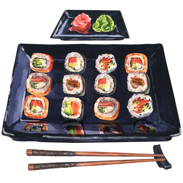 水彩画寿司卷与生姜和芥末在特殊的黑色托盘。收藏盒里有寿司卷和筷子。图片下载