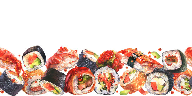 水彩画水平平面构图，无缝边界与传统日本料理，寿司在白色背景。图片下载