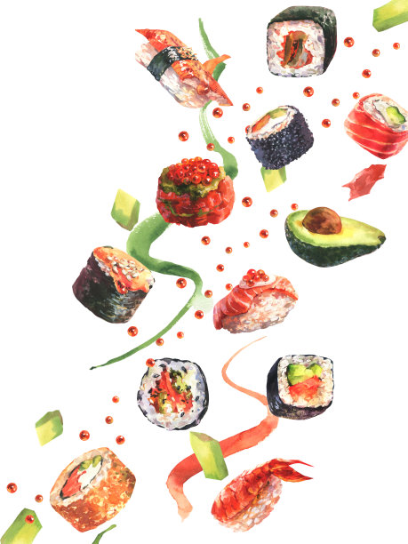 寿司水彩图案。食品抽象背景，垂直格式。飞行寿司，寿司卷和食材孤立在白色背景上。图片下载