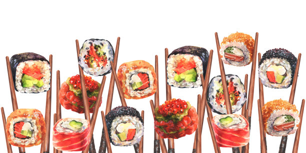 水彩画水平平面构图与传统的日本寿司和筷子在白色的背景。图片下载