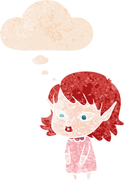 卡通精灵女孩与尖锐的耳朵与思想泡沫在grunge苦恼复古纹理风格图片下载