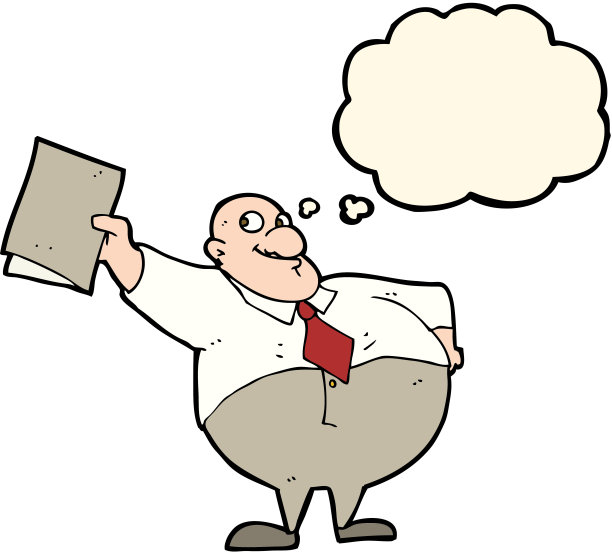 卡通快乐的老板与文件与思想泡泡图片下载