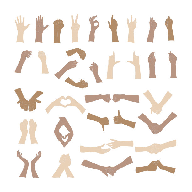 彩色的大手，基本的手势。简约的平面风格。矢量图图片下载