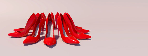 红色高跟鞋3D渲染排序在背景。图片下载