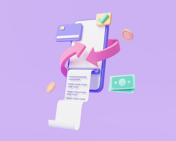 在线现金返还图标在手机应用程序与信用卡，纸币和硬币。现金退款，网上付款，网上支付，金融储蓄，转账。三维渲染插图图片下载