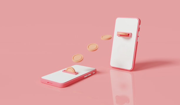 在粉红色背景的手机上转账。网上货币，网上支付，金融储蓄，商业金融，手机银行。网站,横幅。货币交易概念。三维图标渲染图图片下载