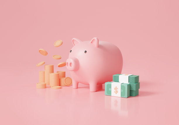 粉红背景上孤立着一堆硬币和钞票的储蓄罐。金融，储蓄，商业投资，现金，美钞，银行。省钱的概念。3d图标渲染插图。图片下载