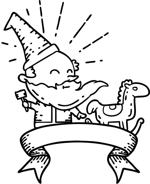 滚动横幅与黑线工作纹身风格圣诞老人圣诞人物制作玩具图片下载