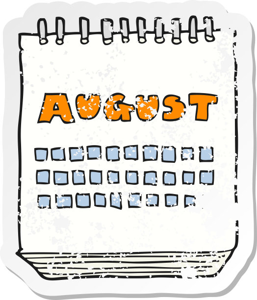 复古心疼贴纸的卡通日历显示八月图片下载