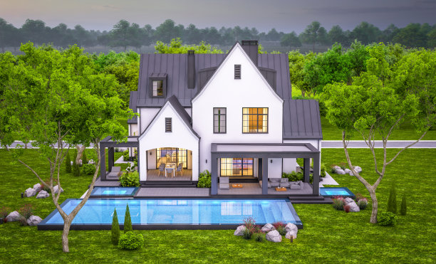 三维渲染的白色和黑色现代都铎房屋在晚上图片下载