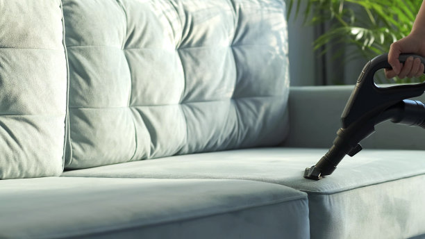 管家在客厅用吸尘器清洁沙发。柔和的光线从窗户射进来图片下载