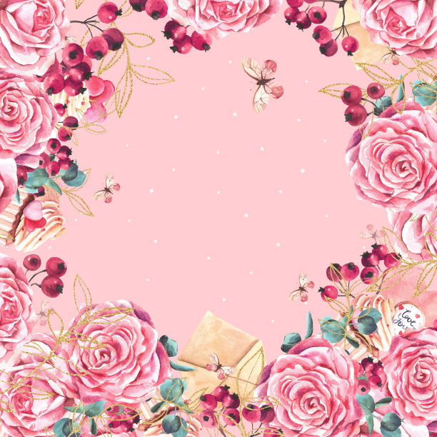 粉红色背景上有玫瑰、桉树蝴蝶和信封组成的浪漫的方形框架。水彩。图片下载