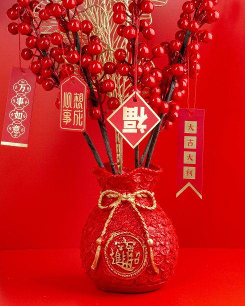 春节快乐用橘子，中文句子分别表示幸运，得到想要的，好运，一切都好，在红包(Ang pao)意味着一切都很重要。图片下载