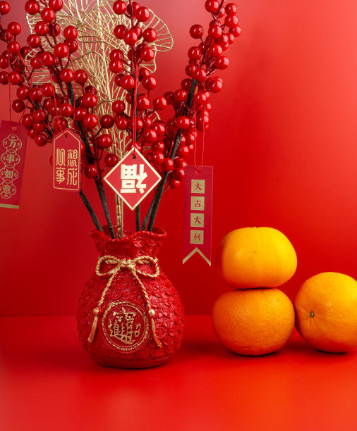 春节快乐用橘子，中文句子分别表示幸运，得到想要的，好运，一切都好，在红包(Ang pao)意味着一切都很重要。图片下载