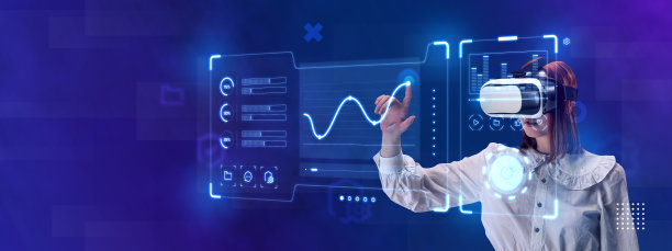 女员工戴着VR眼镜，在虚拟全息电脑屏幕上工作。启动高科技创业图片下载