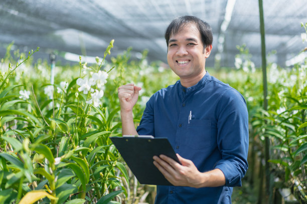 年轻的农民在他的兰花农场工作。一个男人的肖像在花园里工作。年轻人在记事本上记录了兰花生长的信息。肖像亚洲小企业主的兰花园艺农场。图片下载