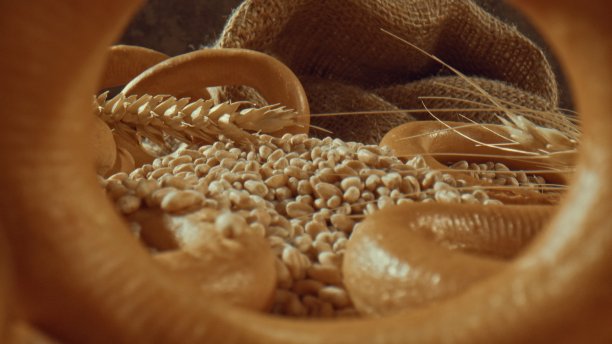 近距离观看百吉饼和一堆小麦种子图片下载