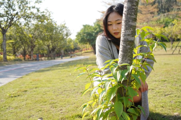 美女在公园里观察植物图片下载