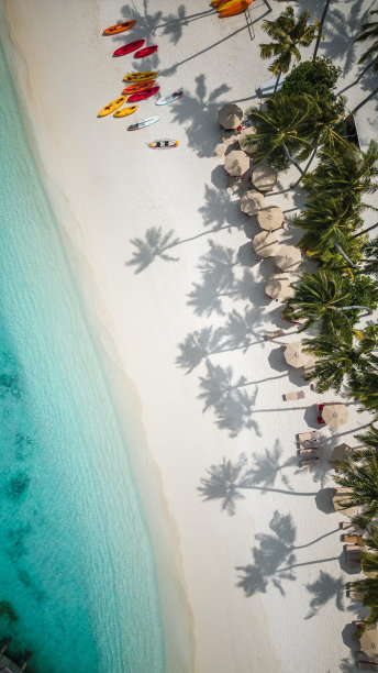 马尔代夫酒店泻湖和海滩在热带岛屿度假村的太阳椅和棕榈树图片下载