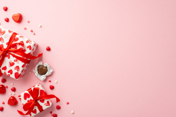 情人节的概念。顶部视图照片的礼盒心形巧克力糖果和洒在孤立的浅粉色背景与空白图片下载